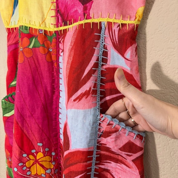 Farm Rio Mixed Garden Dress Floral Patch Linen Midi Sz XS Boho Beachy Wedding - Picture 5 of 14